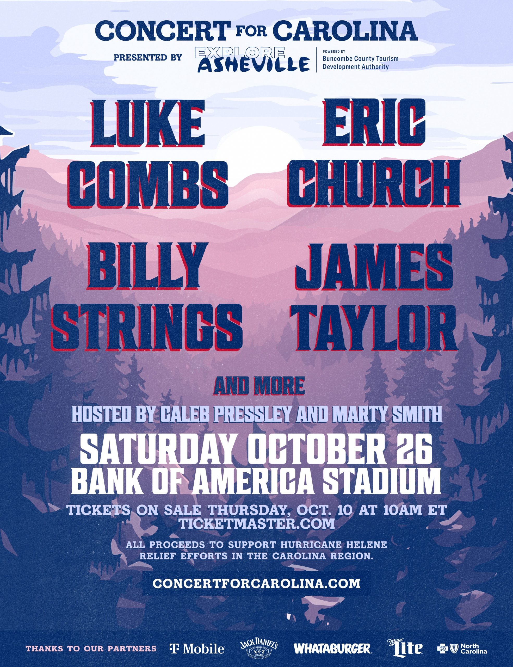 Luke Combs, Eric Church, Billy Strings & James Taylor Come Together for “Concert for Carolina” Presented by Explore Asheville